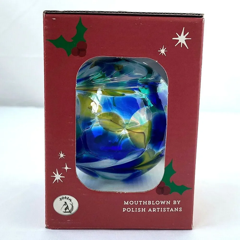 Zorza Artisan Mouth Blown Glass Christmas Ornament Large Round Blue Swirl Poland